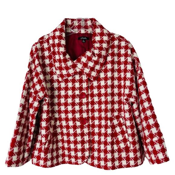 Rafaella red white wool houndstooth check crop button preppy blazer jacket large - Picture 1 of 8